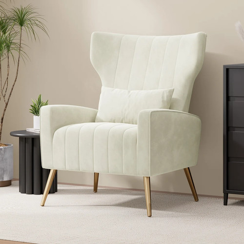 Beige velvet wingback armchair - wingback,